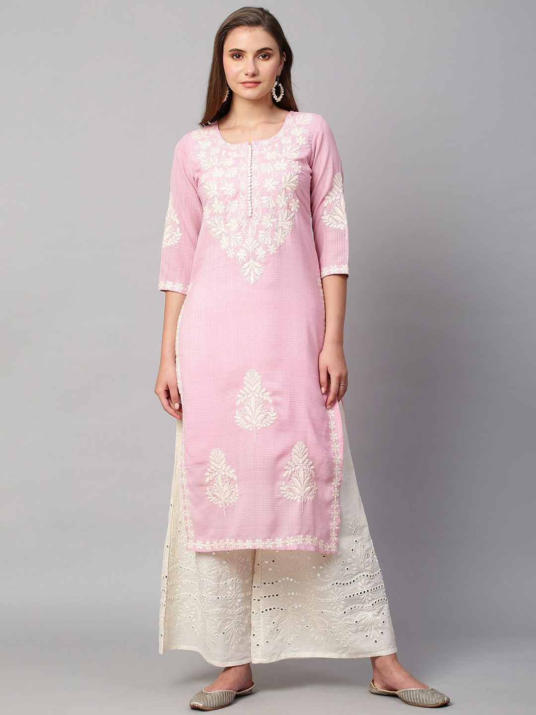 

RATAN Floral Thread Work Georgette Dobby Weave Kurta, Pink
