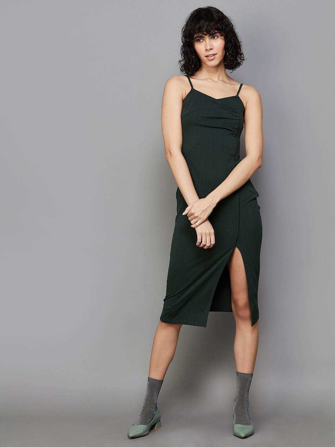 

Ginger by Lifestyle Shoulder Straps Side Slit Sheath Dress, Green