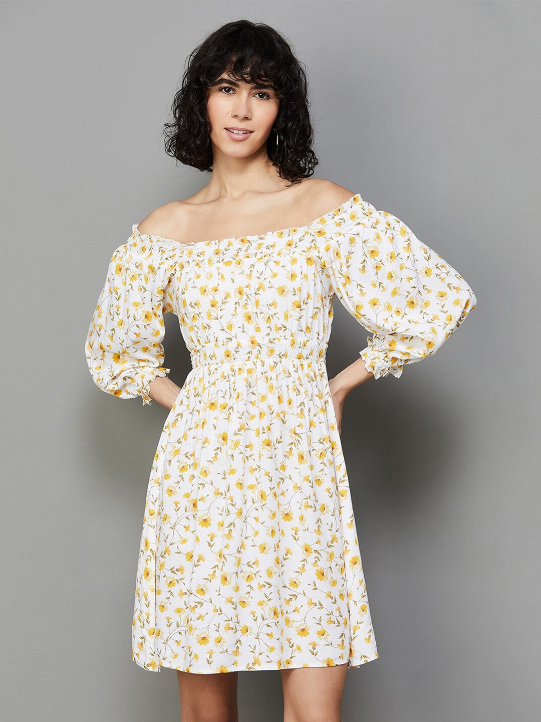 

Ginger by Lifestyle Floral Printed Off-Shoulder Puff Sleeves Fit and Flare Dress, Off white