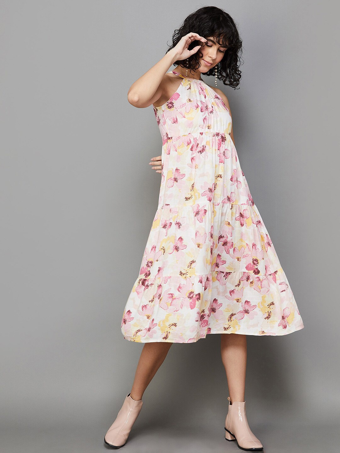 

Ginger by Lifestyle Floral Printed Halter Neck Empire Dress, White