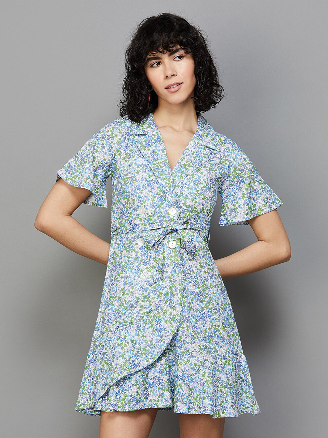 

Ginger by Lifestyle Floral Printed Lapel Collar Mini Wrap Dress, Blue