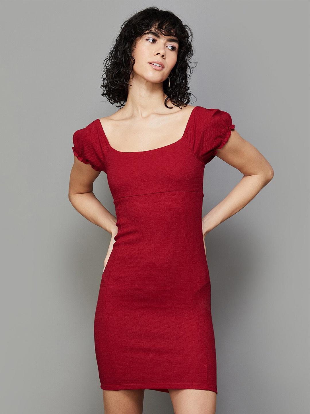

Ginger by Lifestyle Square Neck Puff Sleeves Bodycon Dress, Red