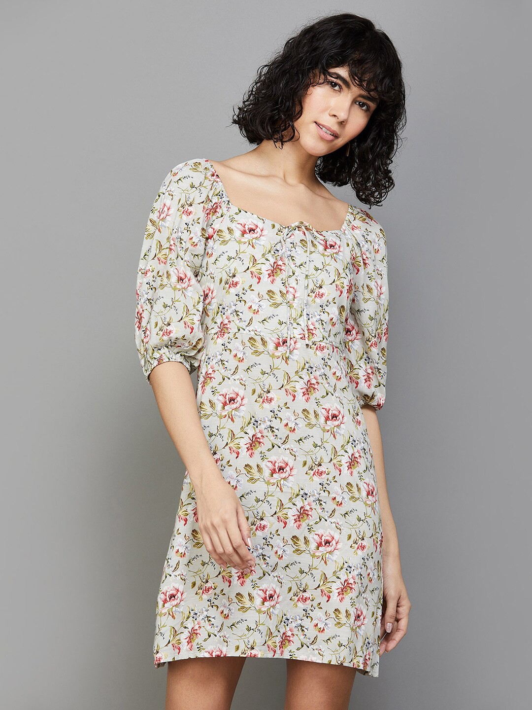 

Ginger by Lifestyle Floral Printed Puff Sleeves Gathered Sheath Mini Dress, Grey