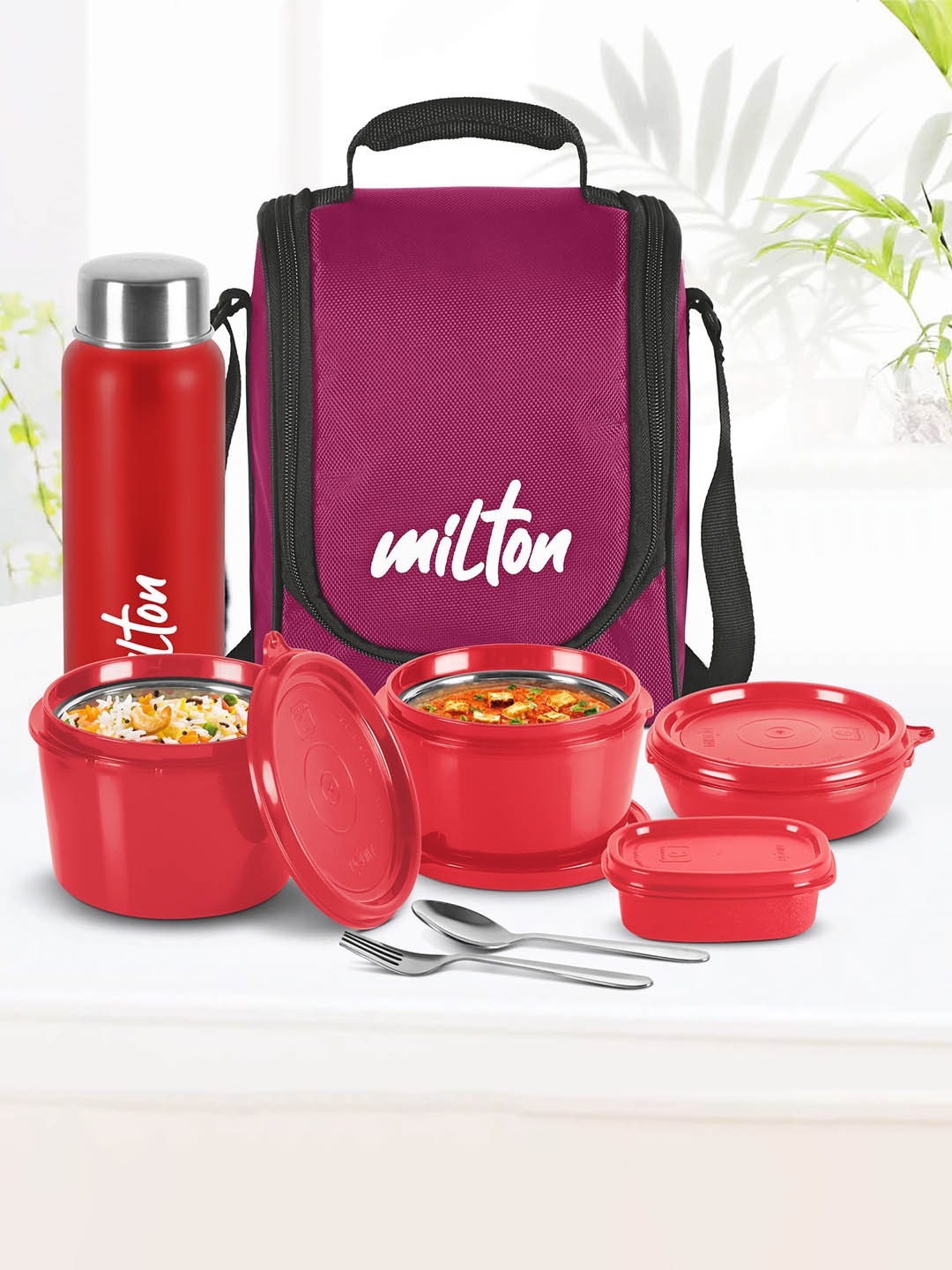 

Milton Maroon Pro Lunch 3 Steel Tiffin & 1 Container & Bottle- 750ml With Spoon & Jacket