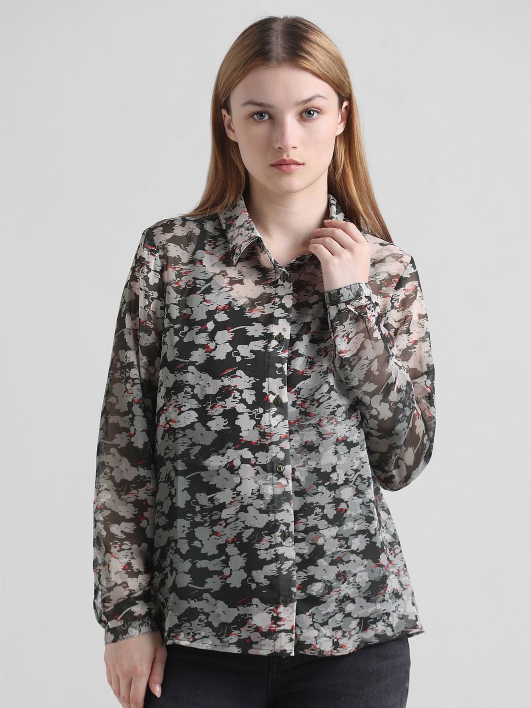

ONLY Floral Printed Semi Sheer Casual Shirt, Black