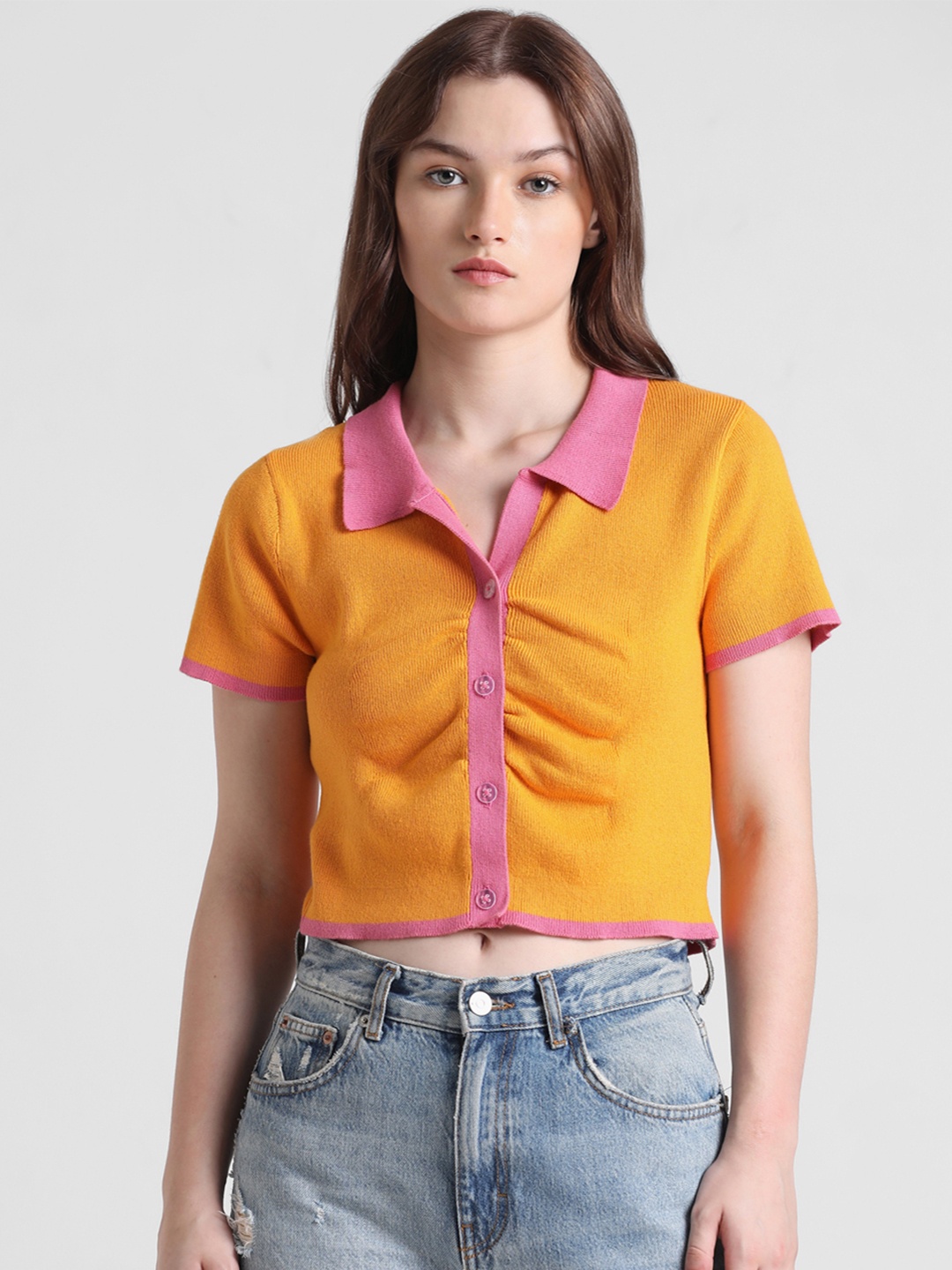 

ONLY Onleaston SS Colourblocked Opaque Casual Cotton Shirt, Orange