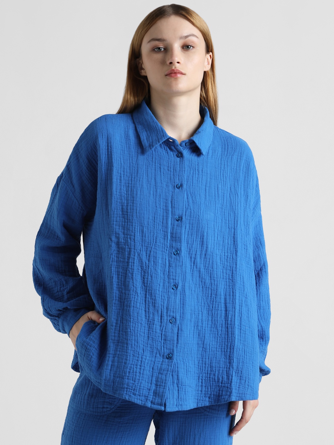 

ONLY Onlthtra Self Design Cotton Casual Cotton Shirt, Blue