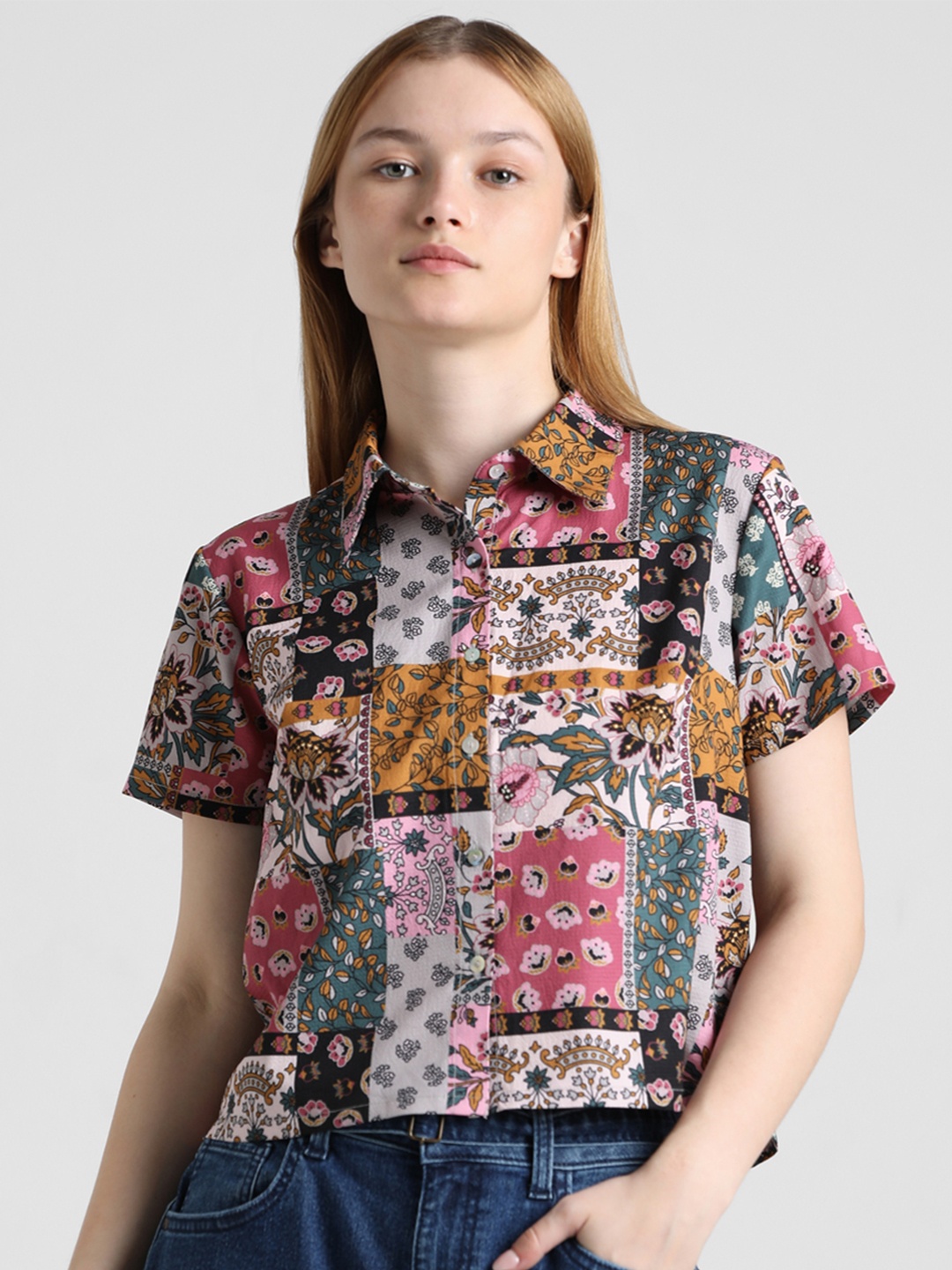 ONLY Ethnic Motifs Printed Opaque Pure Cotton Casual Shirt, Pink