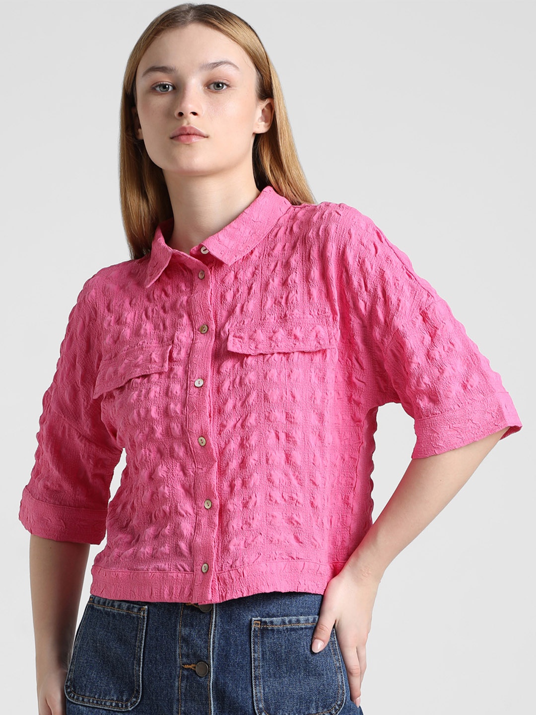 

ONLY Self Design Opaque Cotton Casual Shirt, Pink
