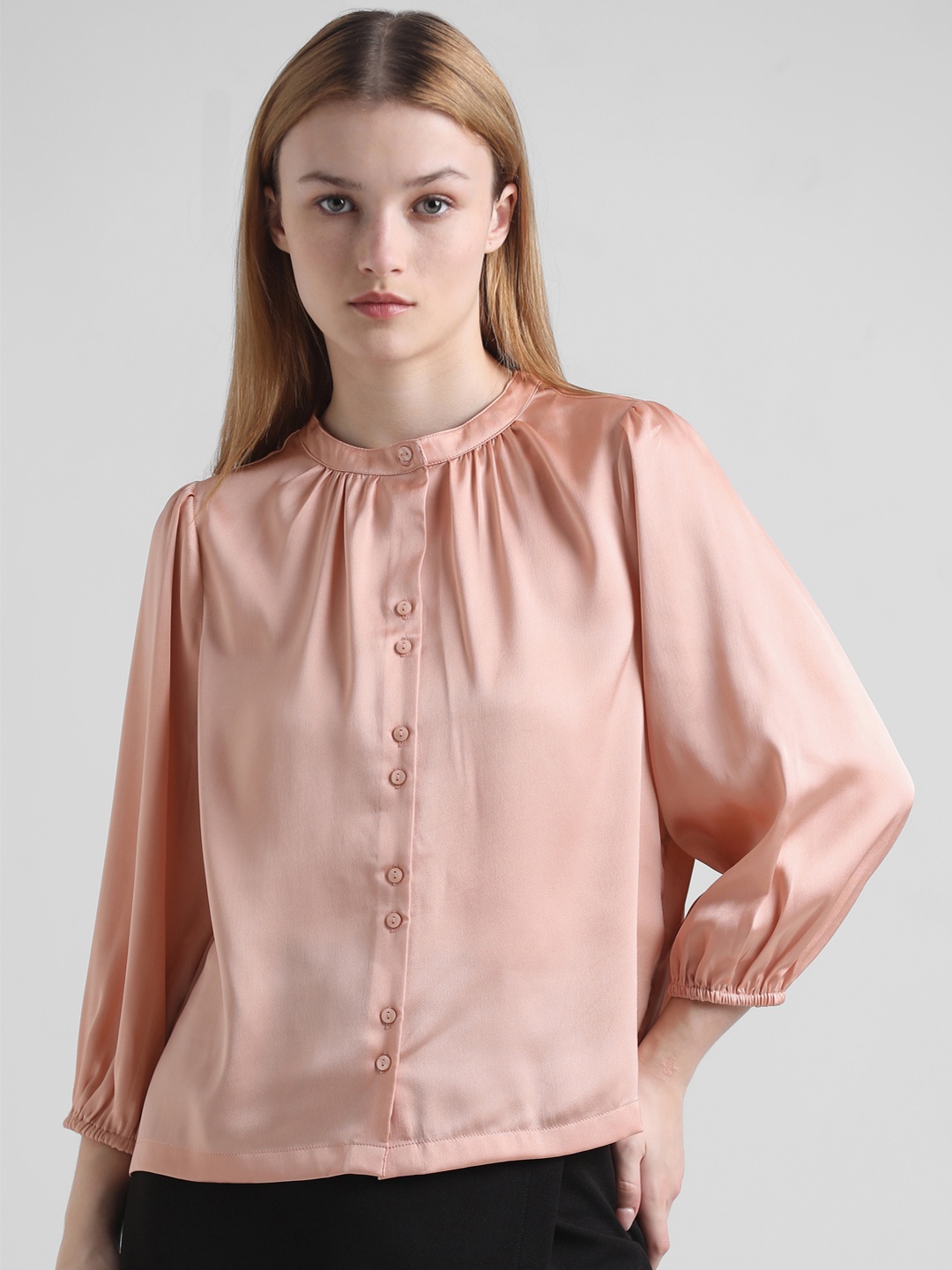 

ONLY Onltwist Band Collar Gathered Puff Sleeves Shirt, Peach