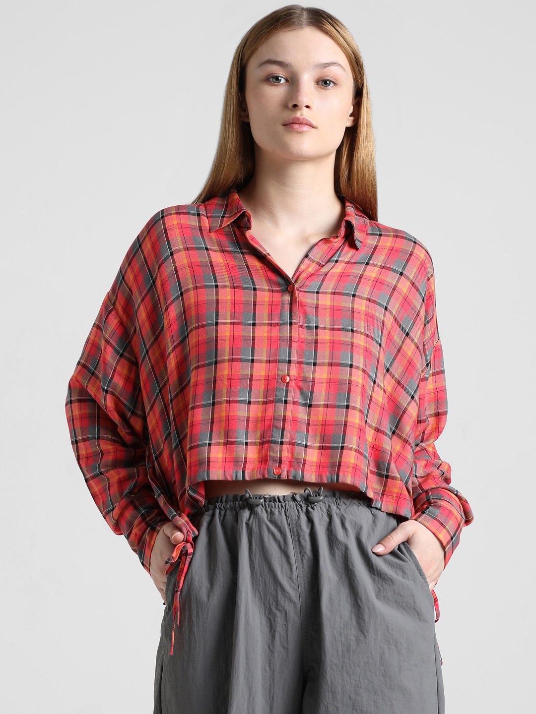 

ONLY Onlburn LS Oversized Tartan Checked Casual Crop Shirt, Red