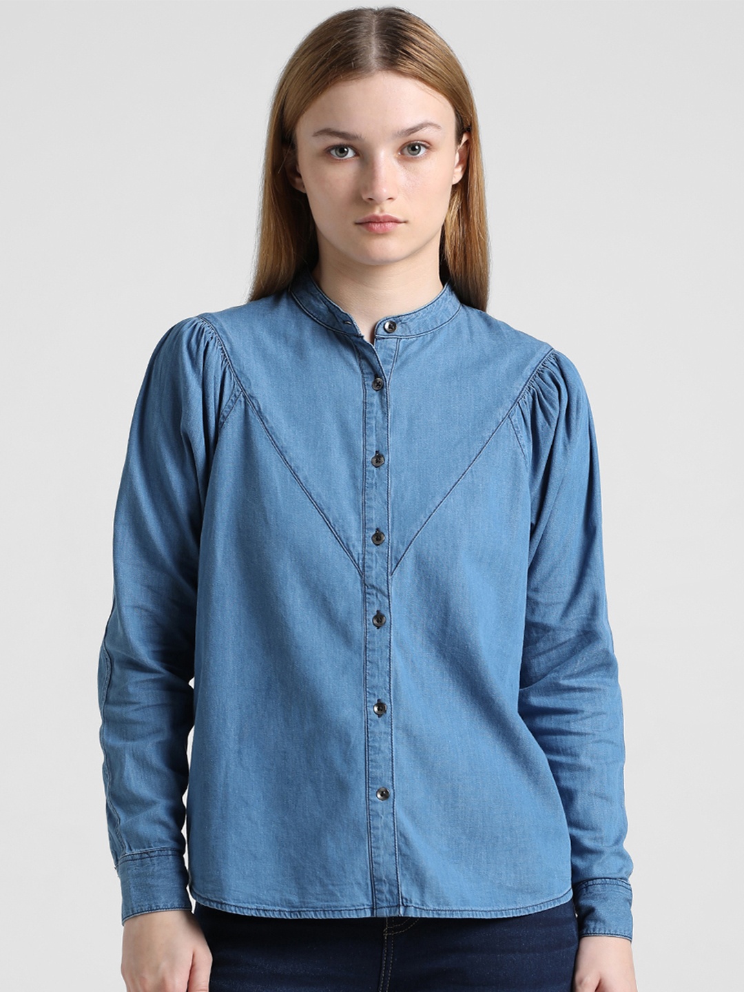 

ONLY Onld Dolly LS Band Collar Casual Pure Cotton Shirt, Blue
