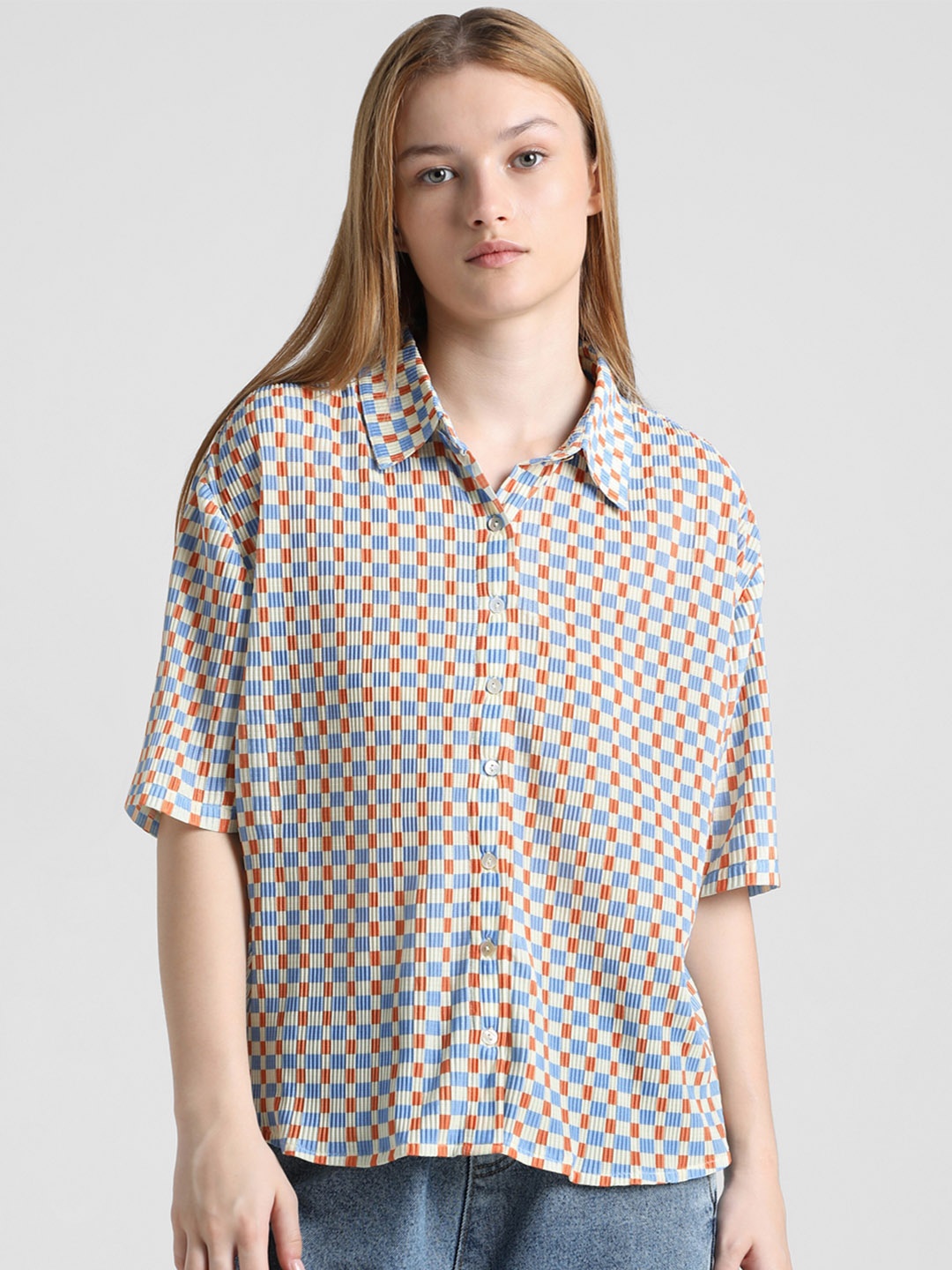 

ONLY Onlraven SS Checked Spread Collar Knitted Casual Shirt, Beige
