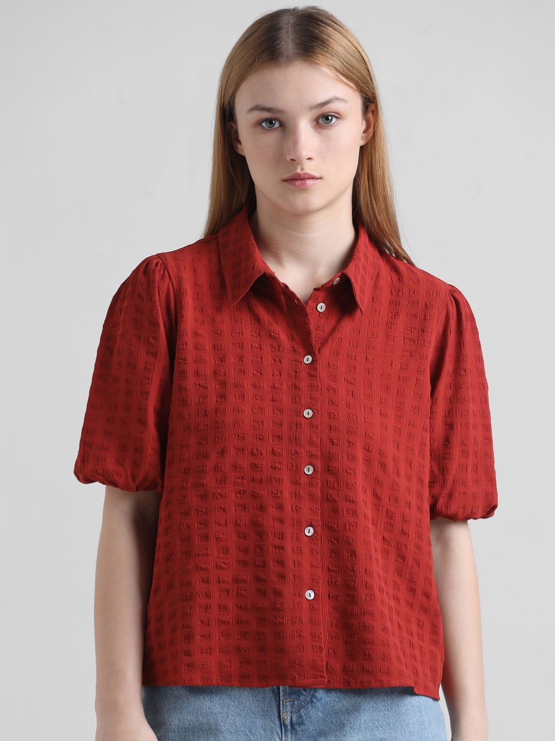 

ONLY Onlbub SS Self Design Spread Collar Puff Sleeves Casual Shirt, Red