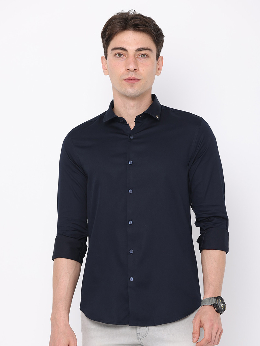 

FLY 69 Premium Slim Fit Spread Collar Pure Cotton Casual Shirt, Navy blue