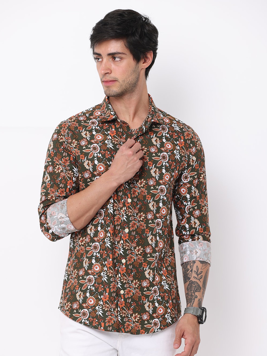 

FLY 69 Floral Printed Premium Slim Fit Pure Cotton Casual Shirt, Green