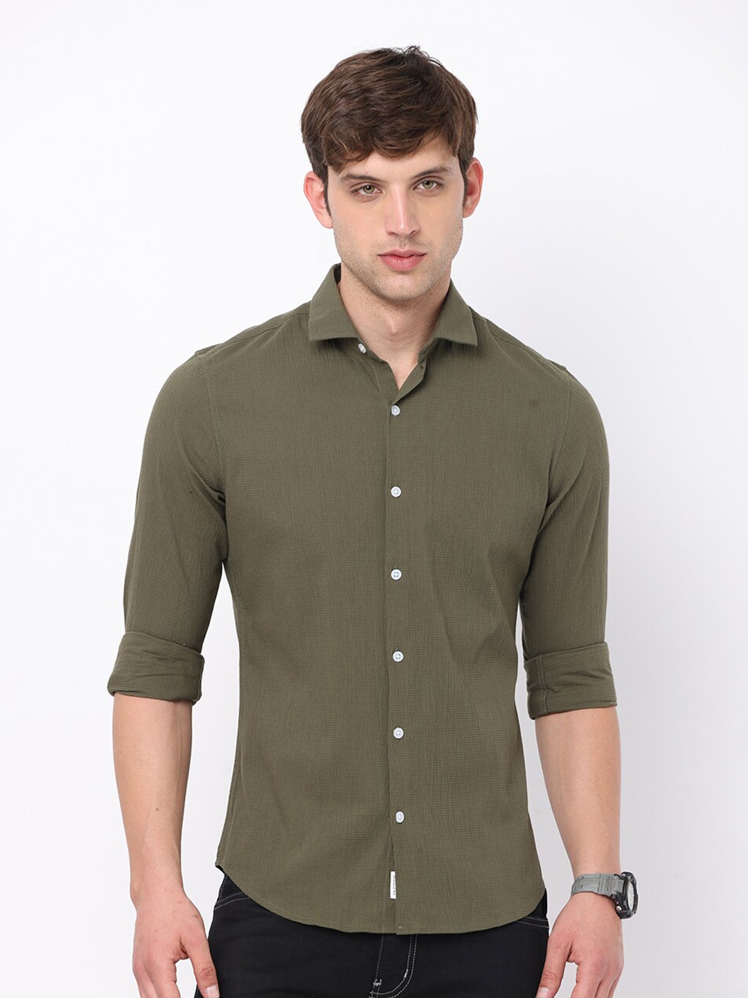 

FLY 69 Premium Spread Collar Slim Fit Cotton Casual Shirt, Green