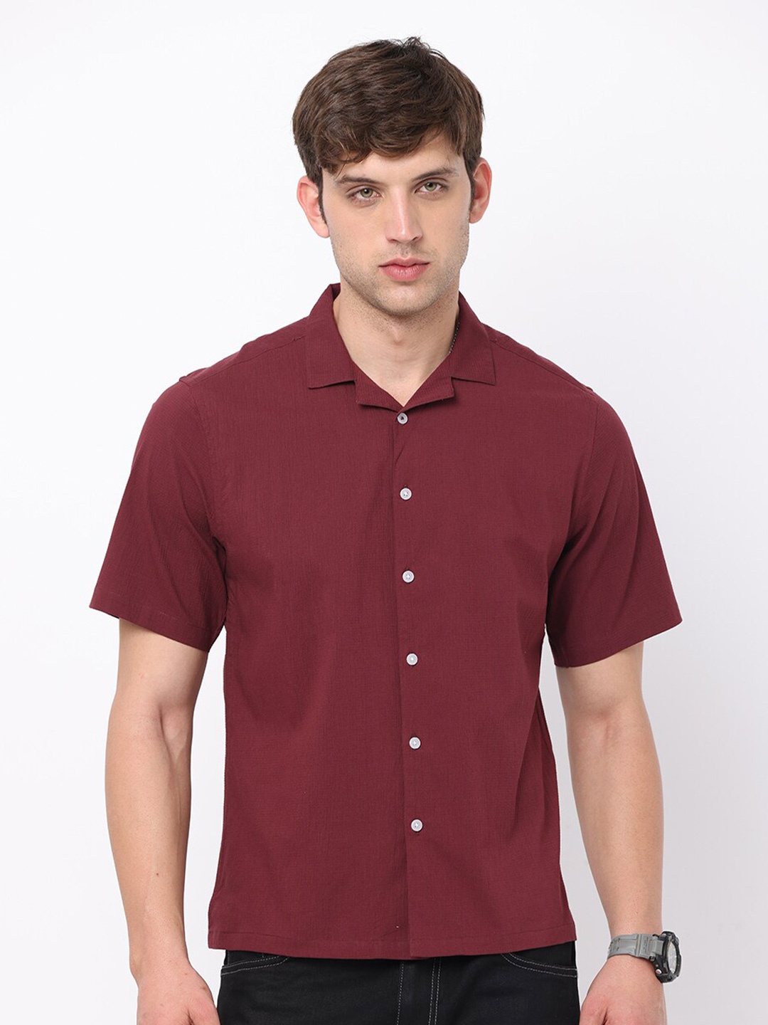 

FLY 69 Premium Slim Fit Cuban Collar Pure Cotton Casual Shirt, Maroon