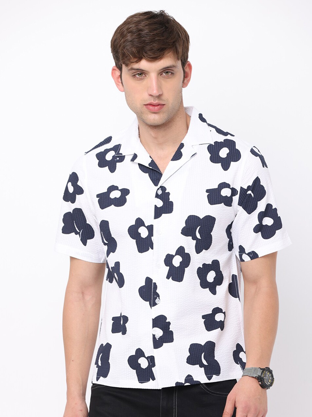 

FLY 69 Floral Printed Cuban Collar Pure Cotton Premium Casual Shirt, White