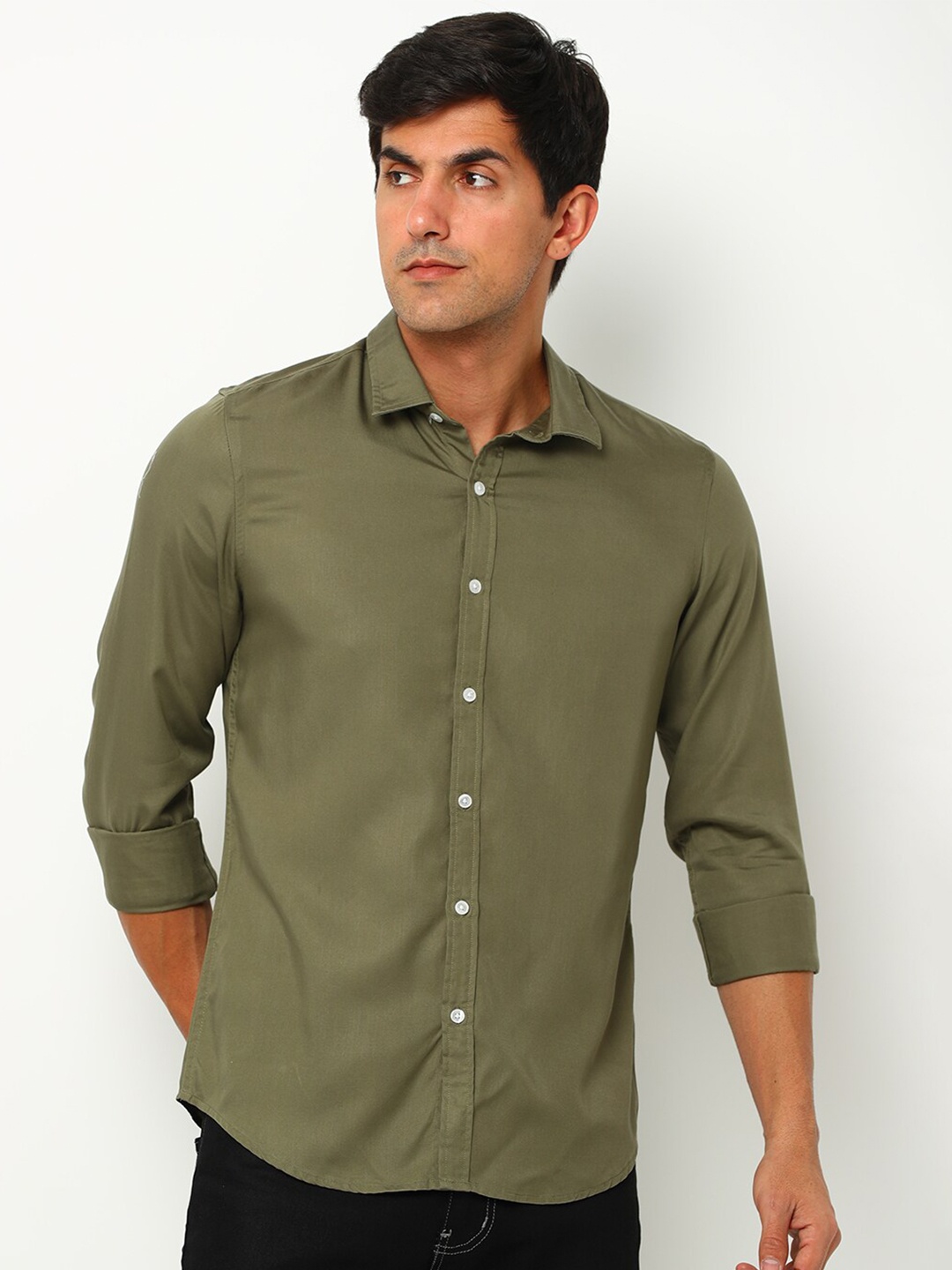 

FLY 69 Spread Collar Premium Slim Fit Pure Cotton Casual Shirt, Green