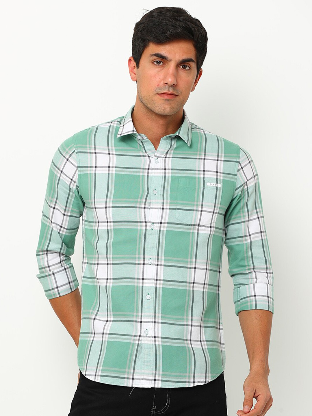

FLY 69 Men Checked Premium Slim Fit Cotton Casual Shirt, Green