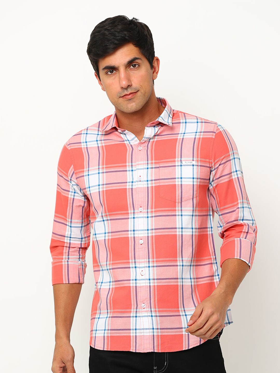 

FLY 69 Spread Collar Premium Slim Fit Tartan Checked Casual Pure Cotton Shirt, Pink