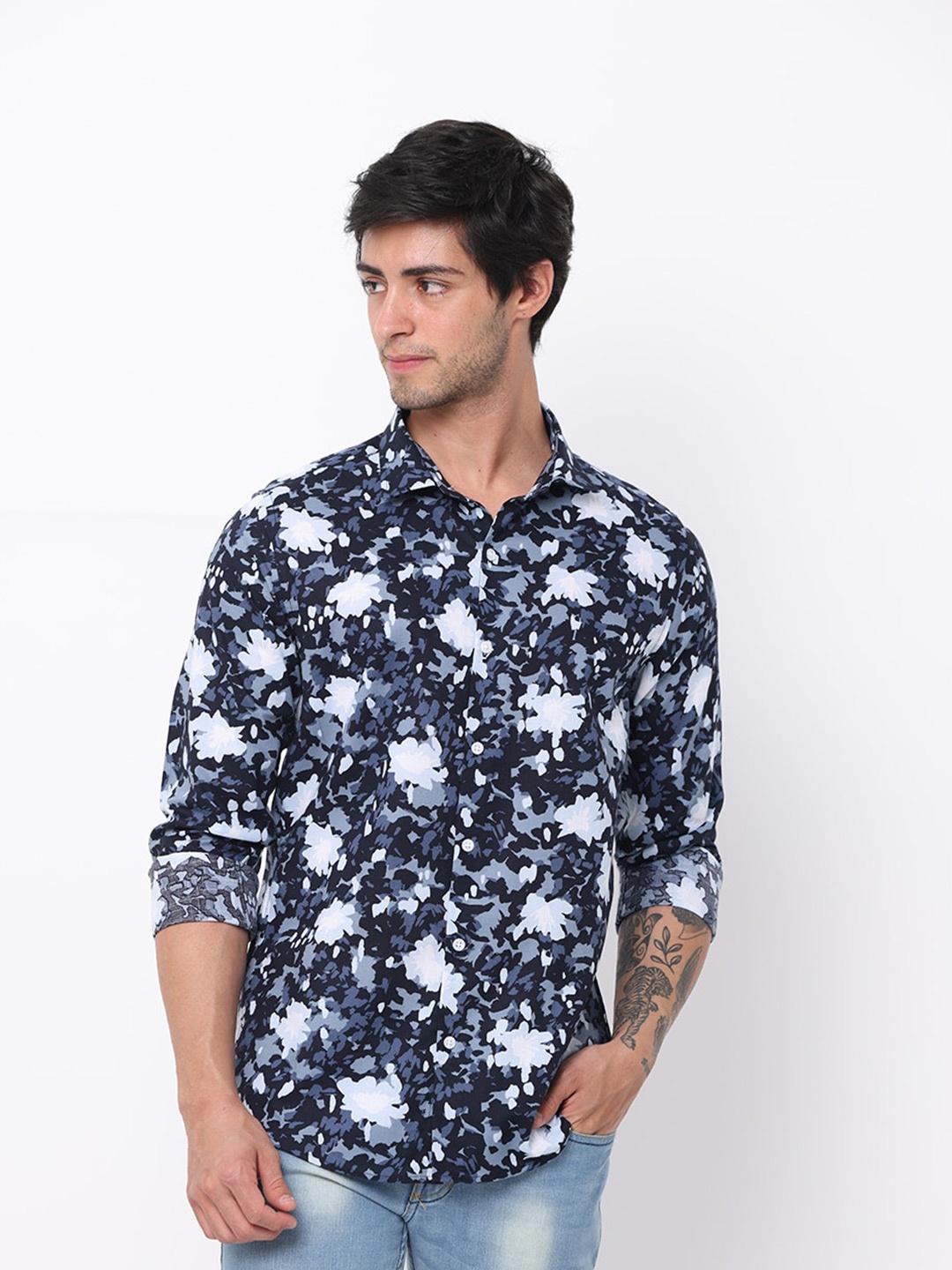

FLY 69 Premium Slim Fit Floral Printed Pure Cotton Casual Shirt, Navy blue