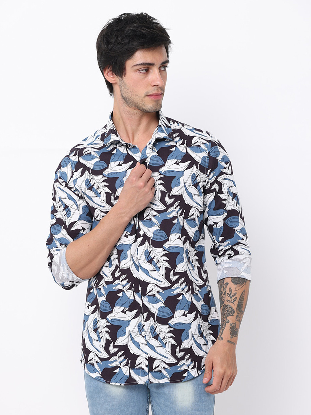 

FLY 69 Premium Slim Fit Floral Printed Pure Cotton Casual Shirt, Blue