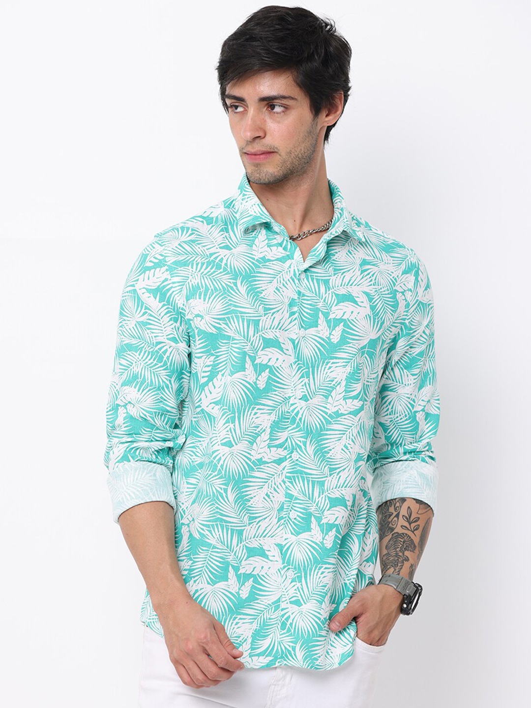 

FLY 69 Premium Slim Fit Floral Printed Cotton Linen Casual Shirt, Green