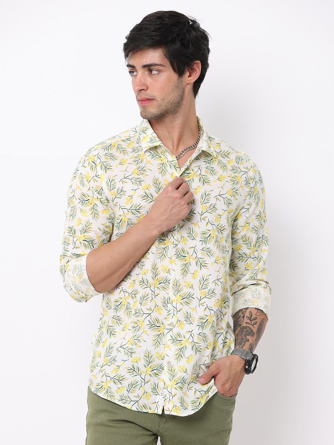 

FLY 69 Premium Slim Fit Floral Printed Cotton Linen Casual Shirt, Off white