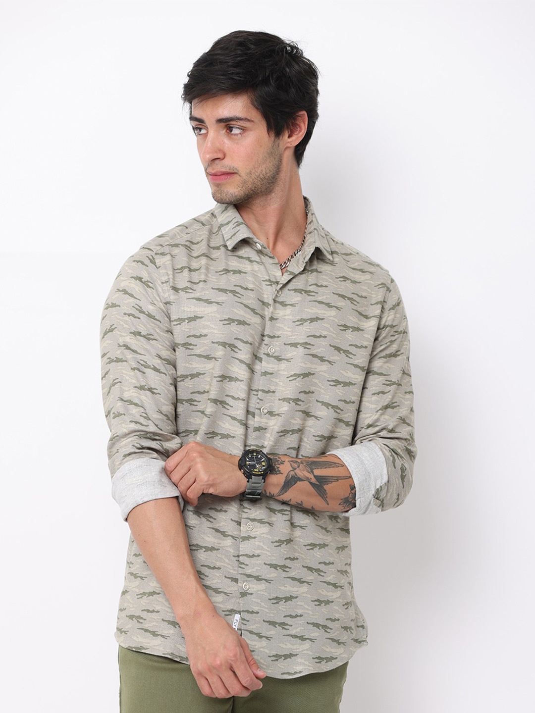 

FLY 69 Premium Slim Fit Abstract Printed Cotton Linen Casual Shirt, Khaki