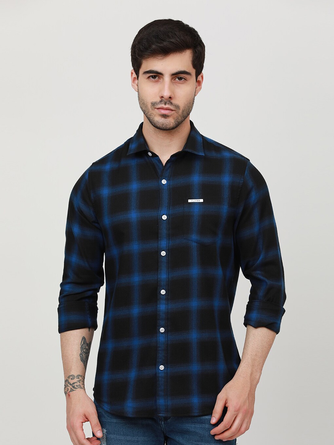 

FLY 69 Premium Slim Fit Checked Pure Cotton Casual Shirt, Blue