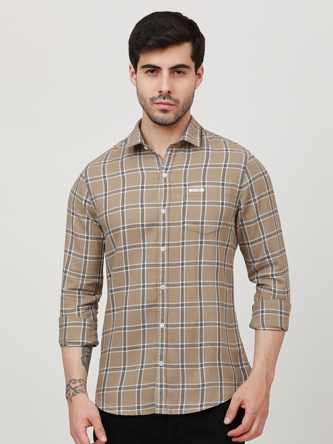 

FLY 69 Premium Slim Fit Tartan Checked Casual Cotton Shirt, Brown