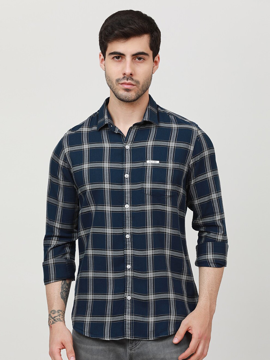 

FLY 69 Premium Slim Fit Opaque Checked Casual Shirt, Navy blue