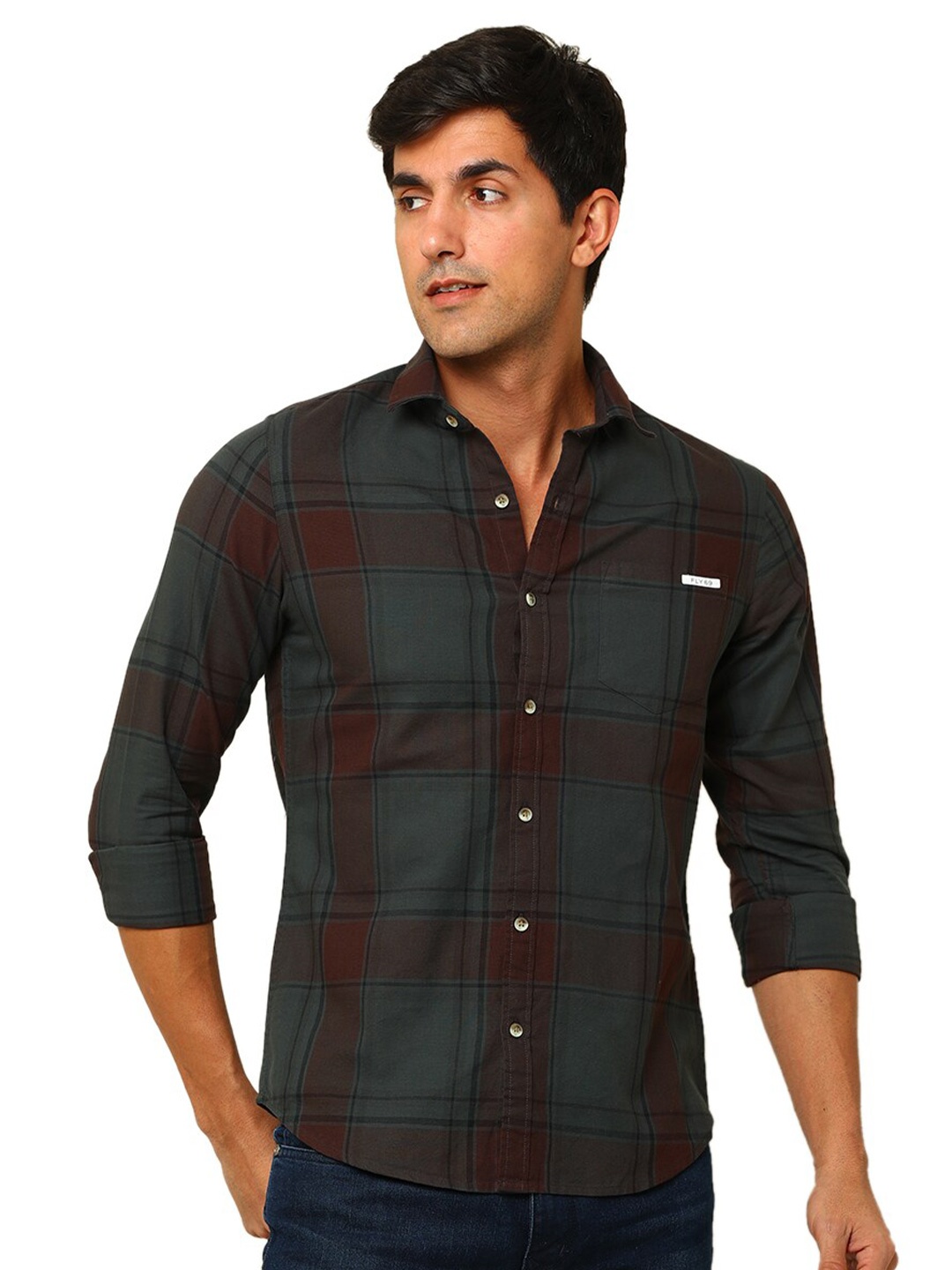 

FLY 69 Premium Slim Fit Tartan Checks Pure Cotton Casual Shirt, Green
