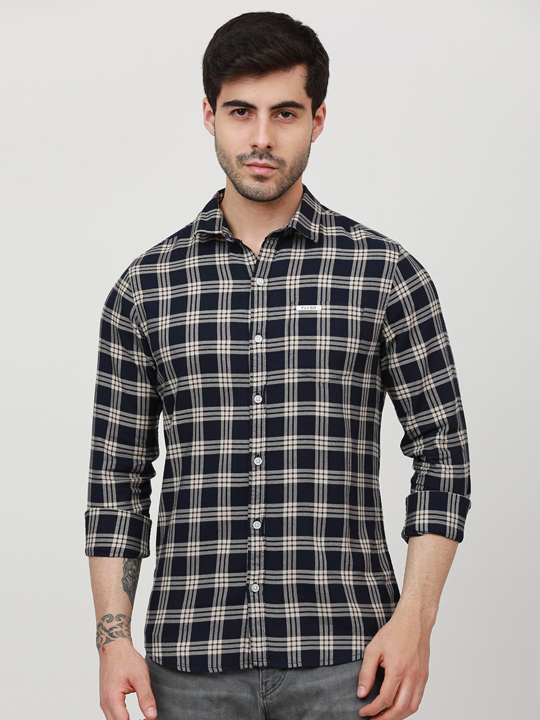 

FLY 69 Premium Slim Fit Tartan Checks Pure Cotton Casual Shirt, Navy blue