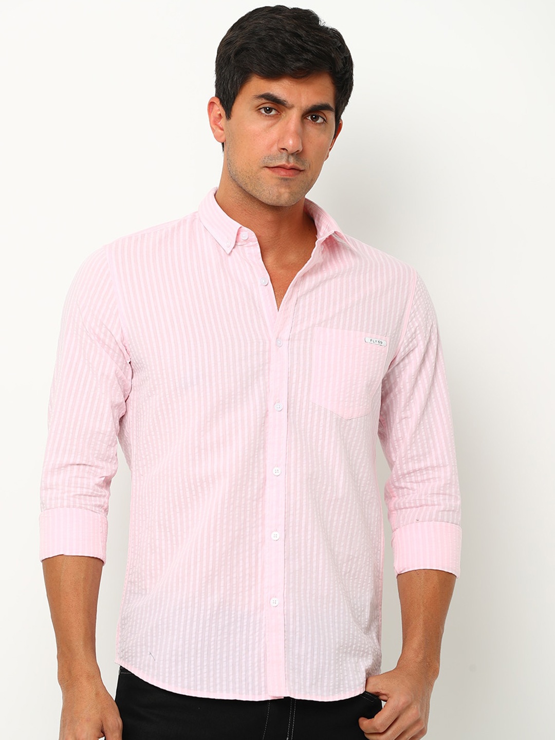 

FLY 69 Striped Premium Slim Fit Opaque Cotton Casual Shirt, Pink