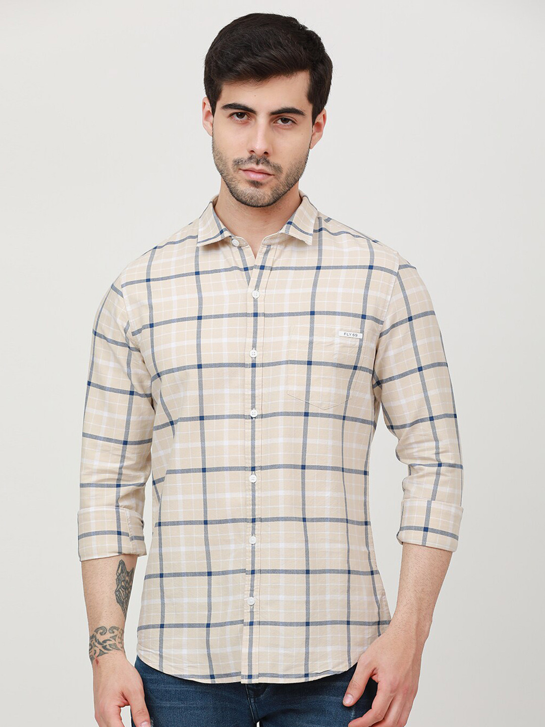 

FLY 69 Windowpane Checked Premium Slim Fit Opaque Cotton Casual Shirt, Beige