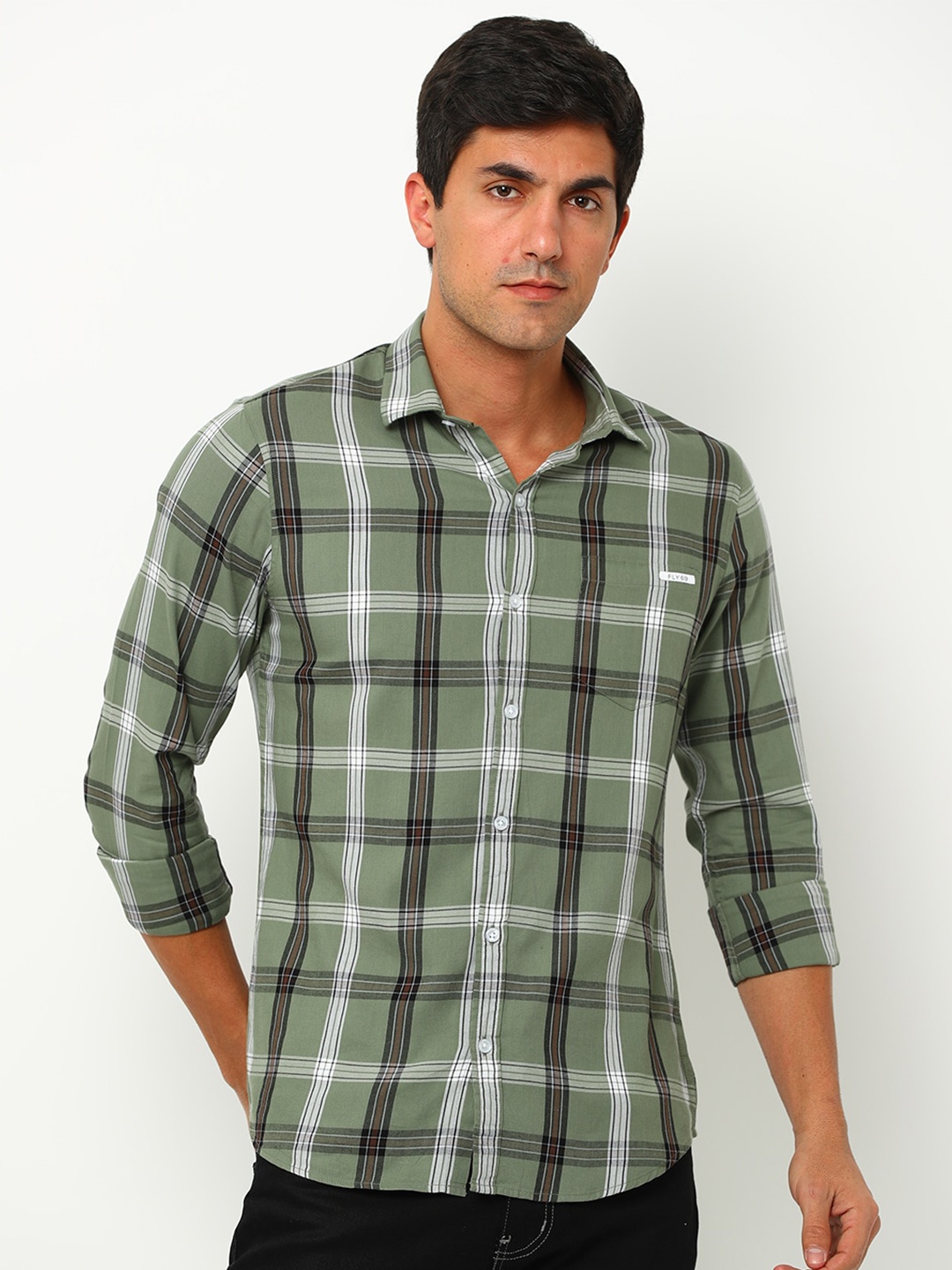

FLY 69 Premium Slim Fit Tartan Checks Pure Cotton Casual Shirt, Green
