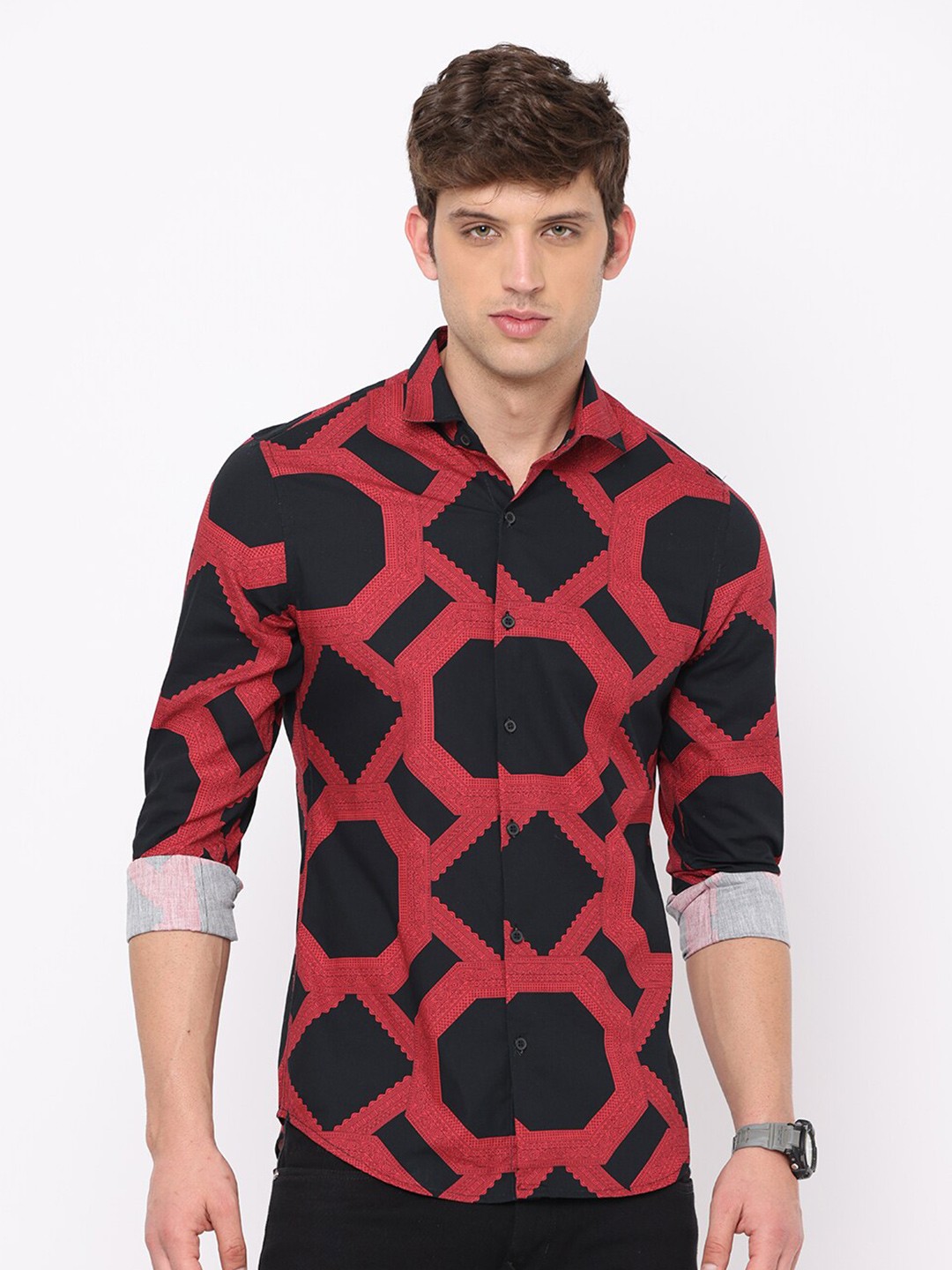 

FLY 69 Premium Slim Fit Geometric Printed Casual Shirt, Red