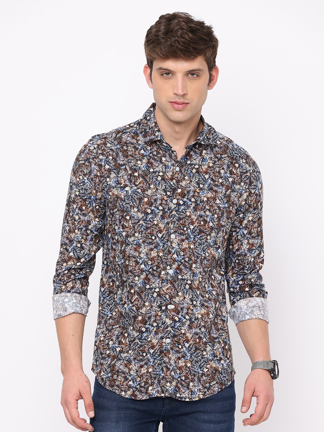 

FLY 69 Premium Slim Fit Abstract Printed Pure Cotton Casual Shirt, Brown