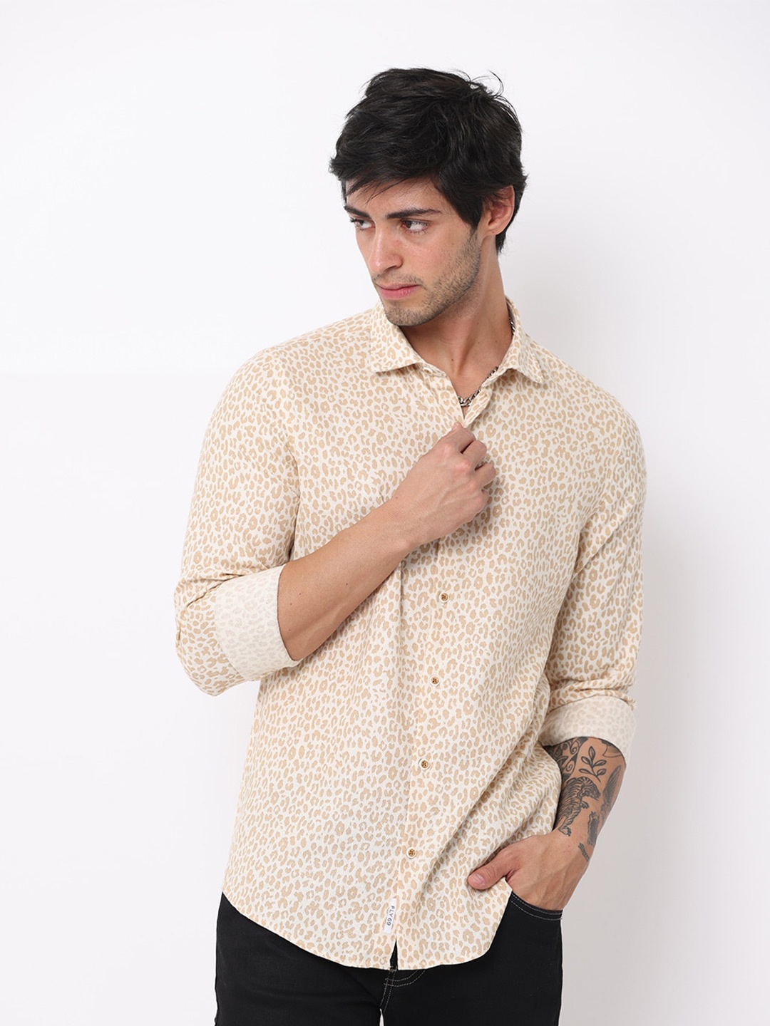 

FLY 69 Premium Slim Fit Animal Printed Cotton Linen Casual Shirt, Orange
