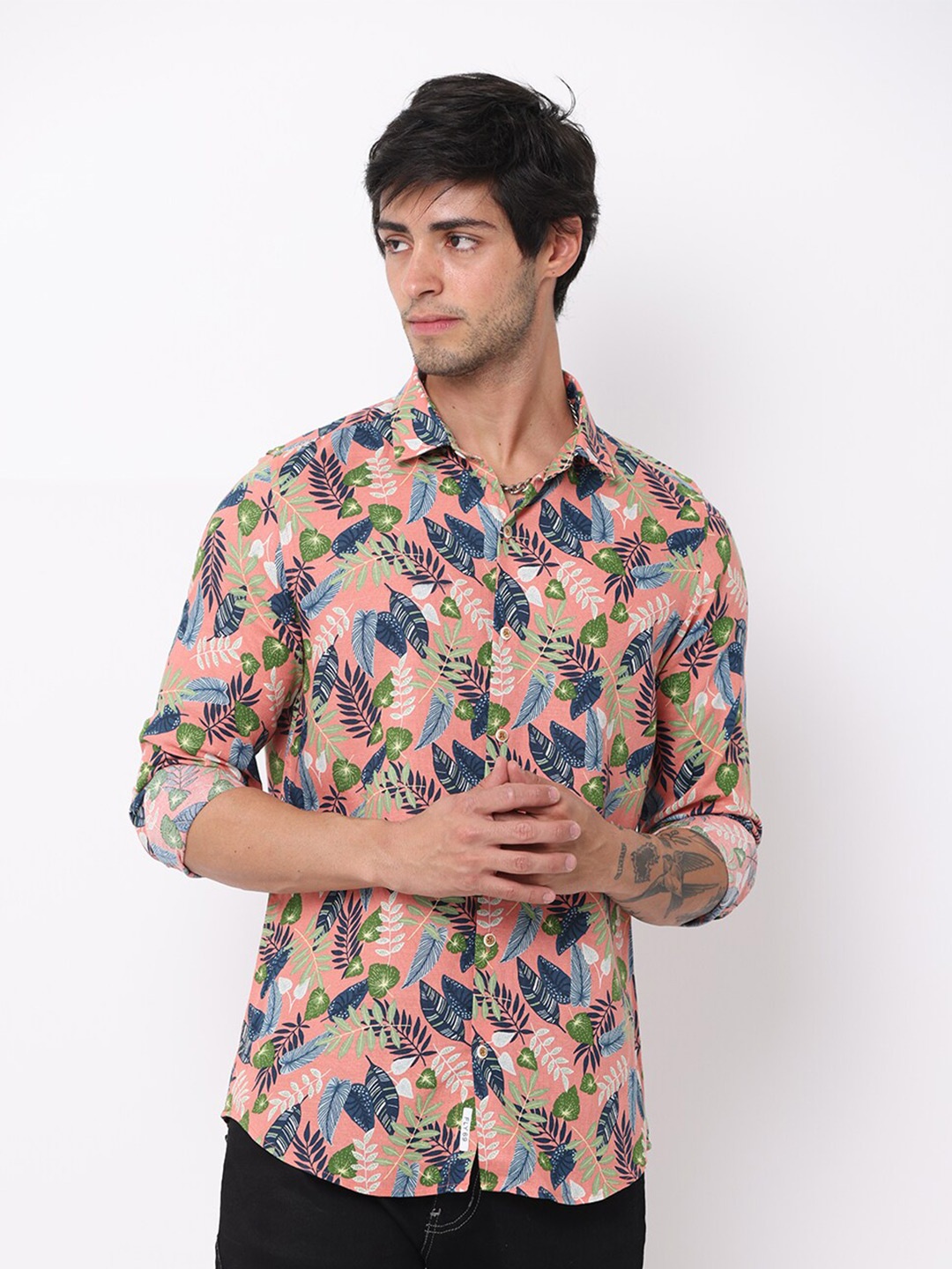 

FLY 69 Premium Slim Fit Floral Printed Cotton Linen Casual Shirt, Pink