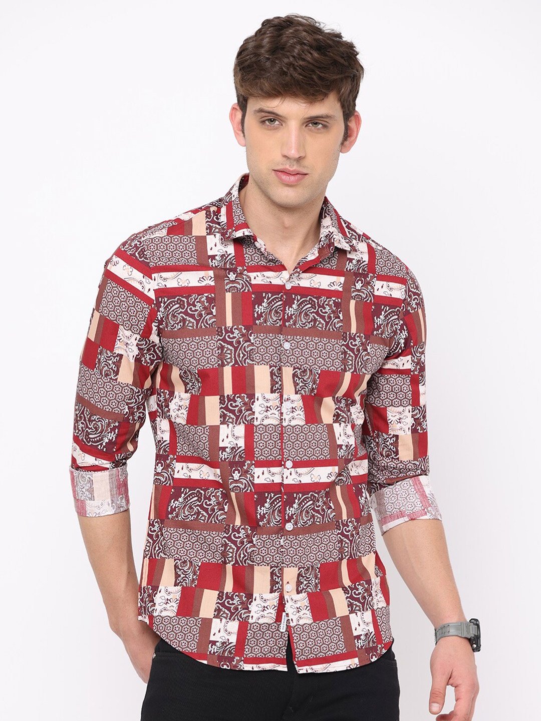 

FLY 69 Premium Slim Fit Abstract Printed Pure Cotton Casual Shirt, Brown