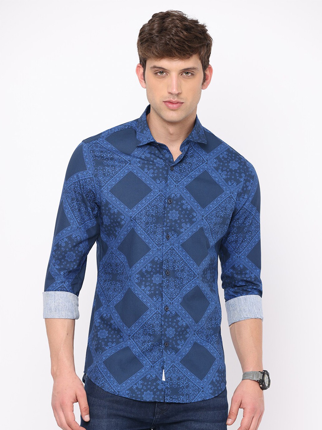 

FLY 69 Premium Slim Fit Ethnic Printed Pure Cotton Casual Shirt, Navy blue