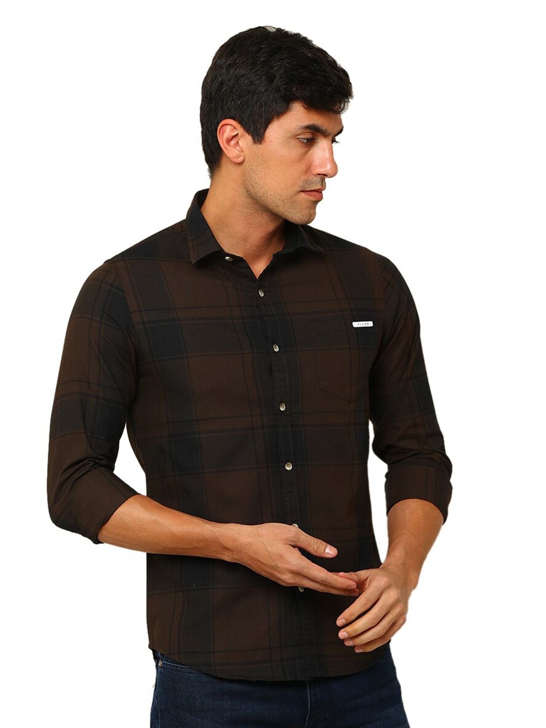 

FLY 69 Premium Slim Fit Windowpane Checks Pure Cotton Casual Shirt, Brown
