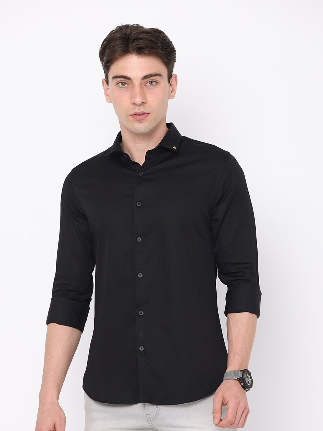 

FLY 69 Spread Collar Premium Slim Fit Casual Pure Cotton Shirt, Black