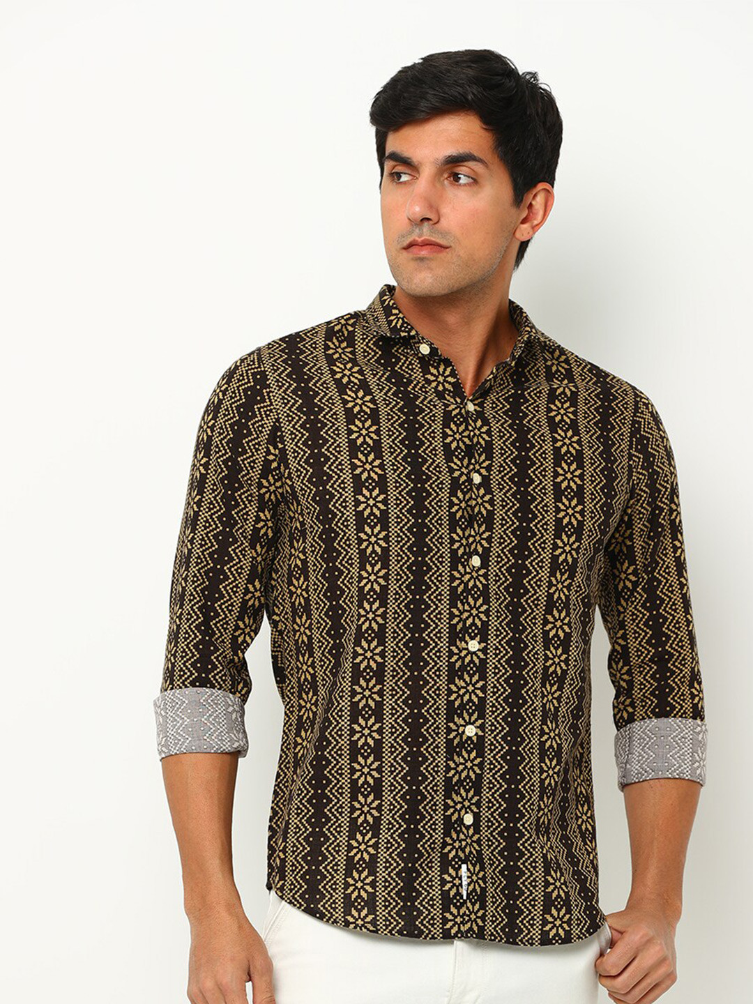 

FLY 69 Abstract Printed Spread Collar Premium Slim Fit Pure Cotton Casual Shirt, Brown