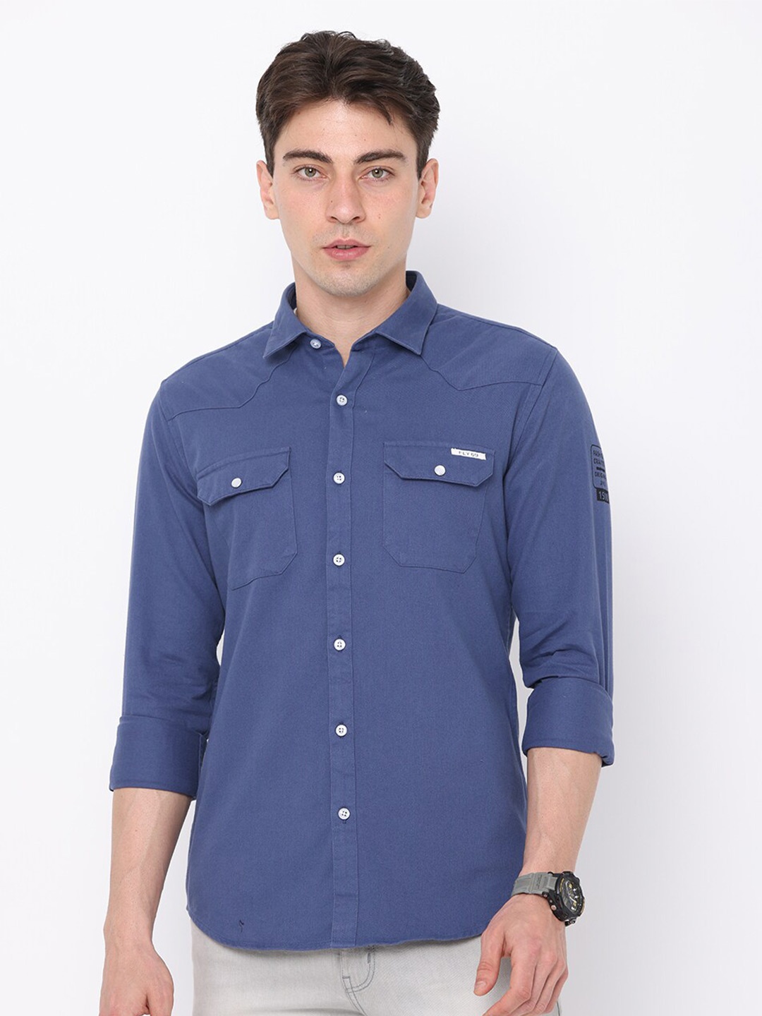 

FLY 69 Spread Collar Premium Slim Fit Pure Cotton Casual Shirt, Blue