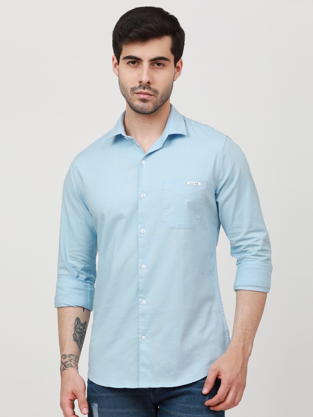 

FLY 69 Premium Slim Fit Spread Collar Pure Cotton Casual Shirt, Blue